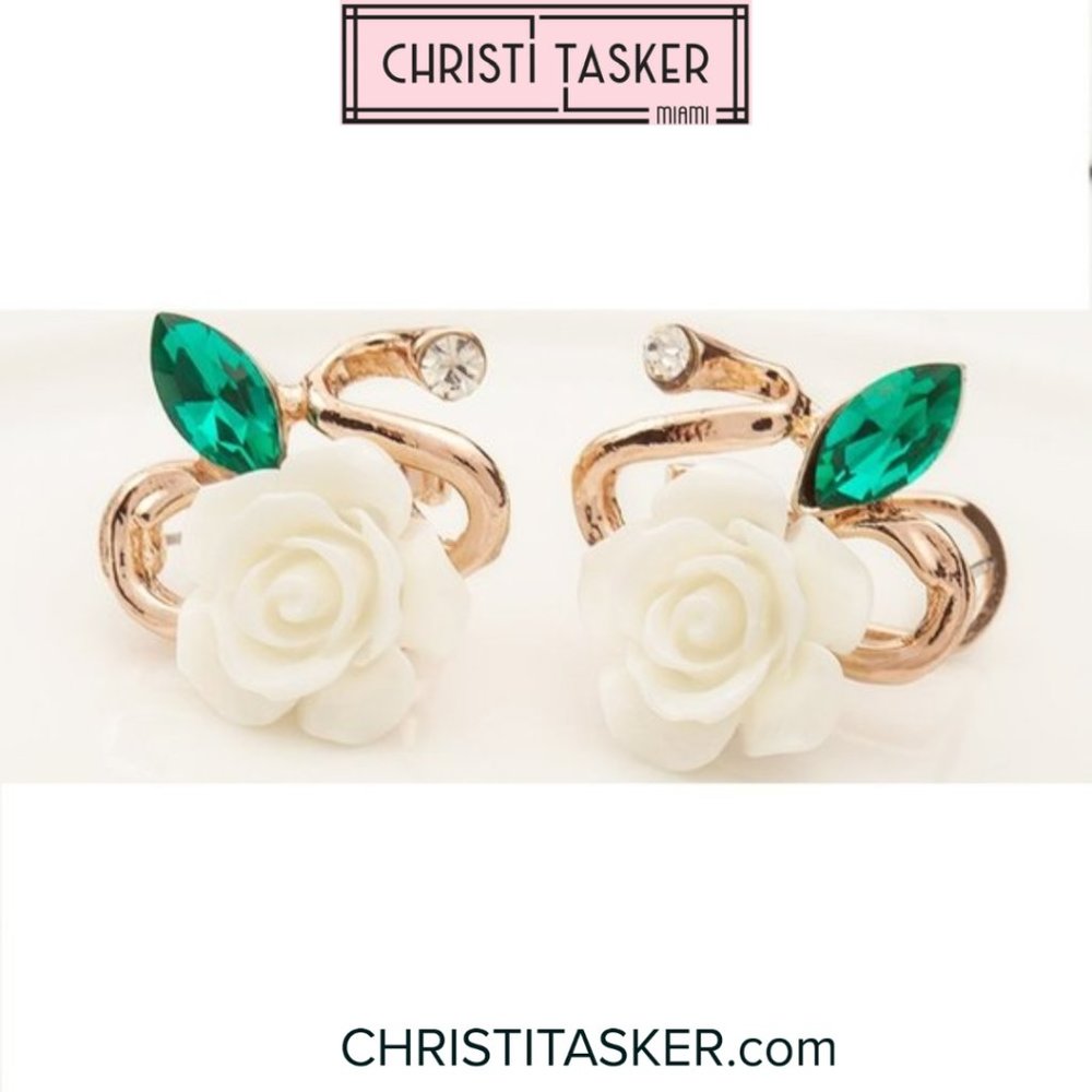 White Rose Crystal Flower Earrings